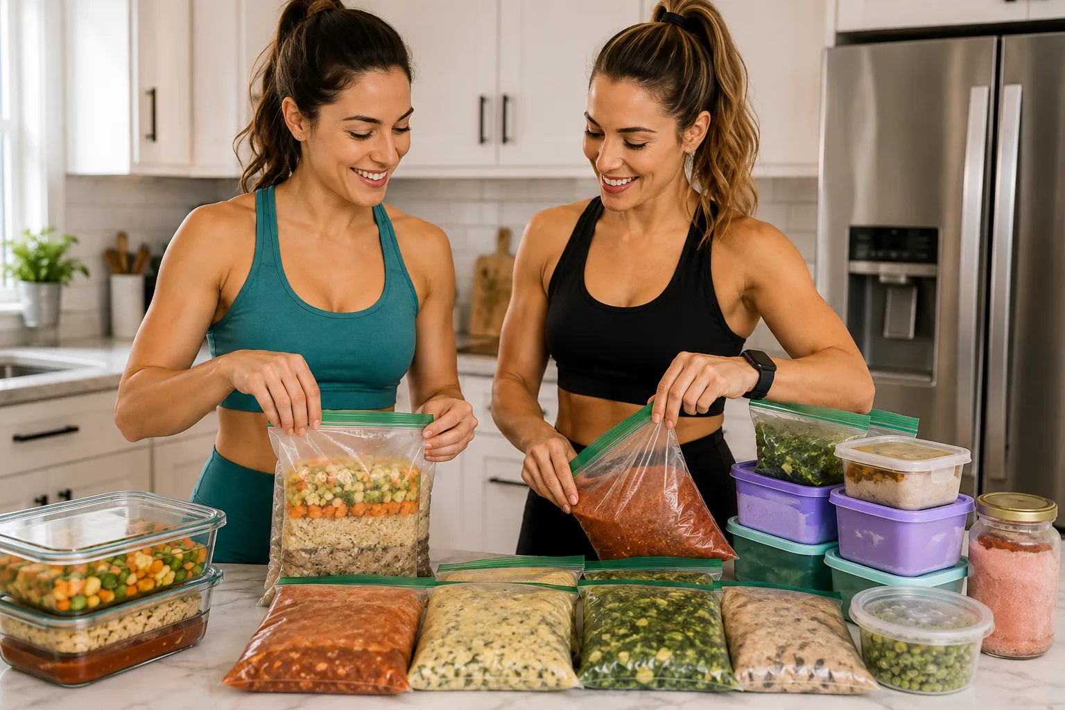 Dos mujeres preparando alimentos para congelar