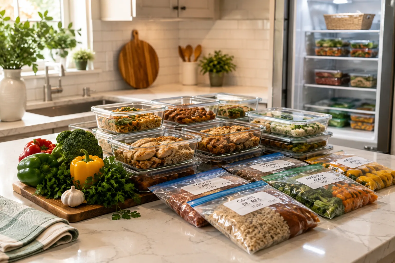 Cocina moderna con recipientes de vidrio y vegetales frescos