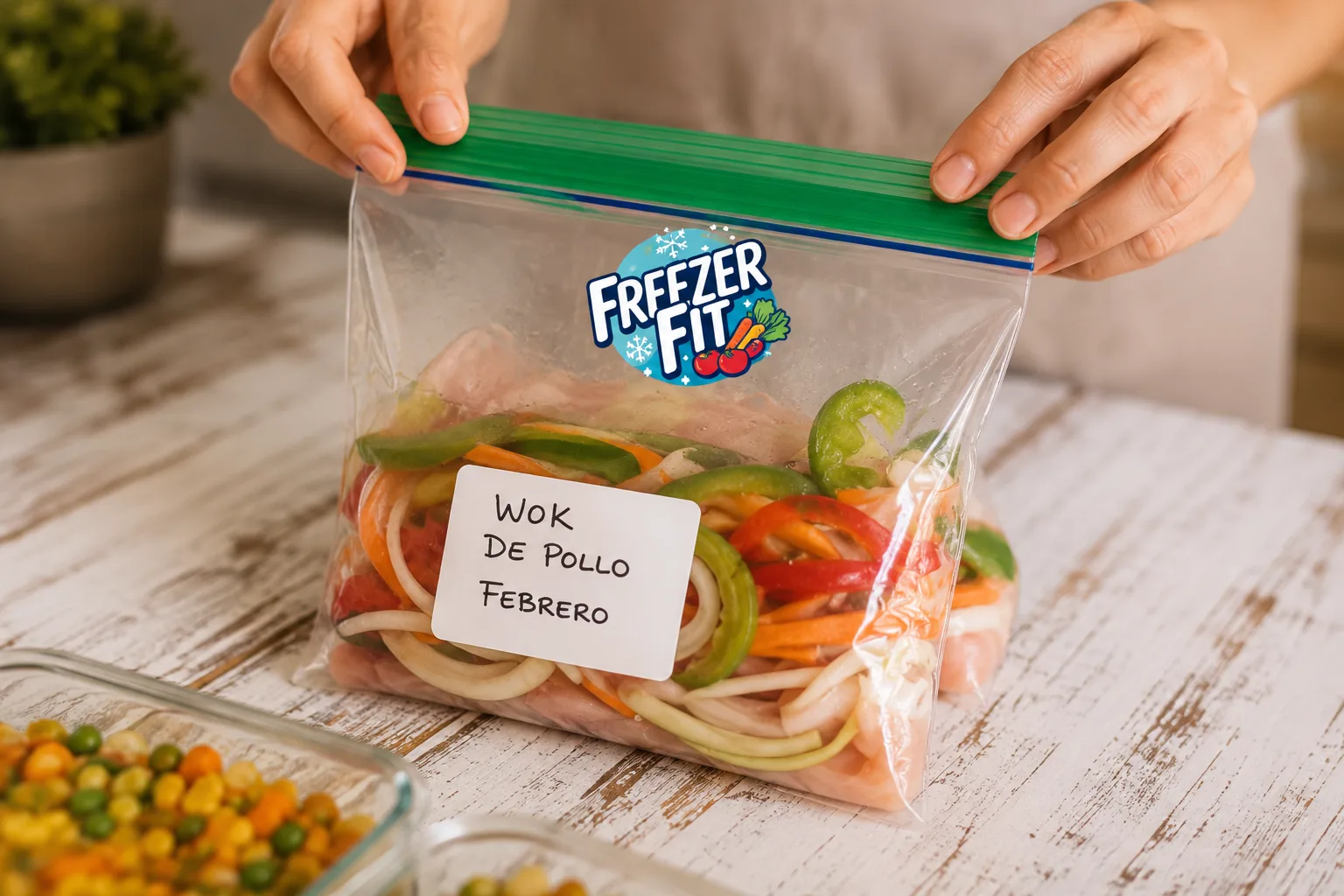 Bolsa zipper con pollo y vegetales lista para congelar